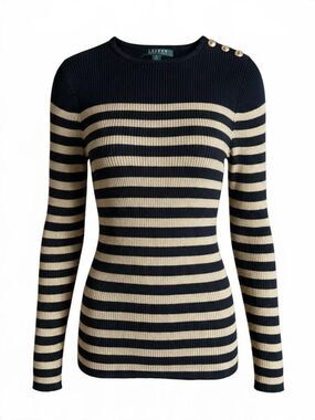 Lauren Ralph Lauren Black Gold Metallic Striped Ribbed Sweater Small